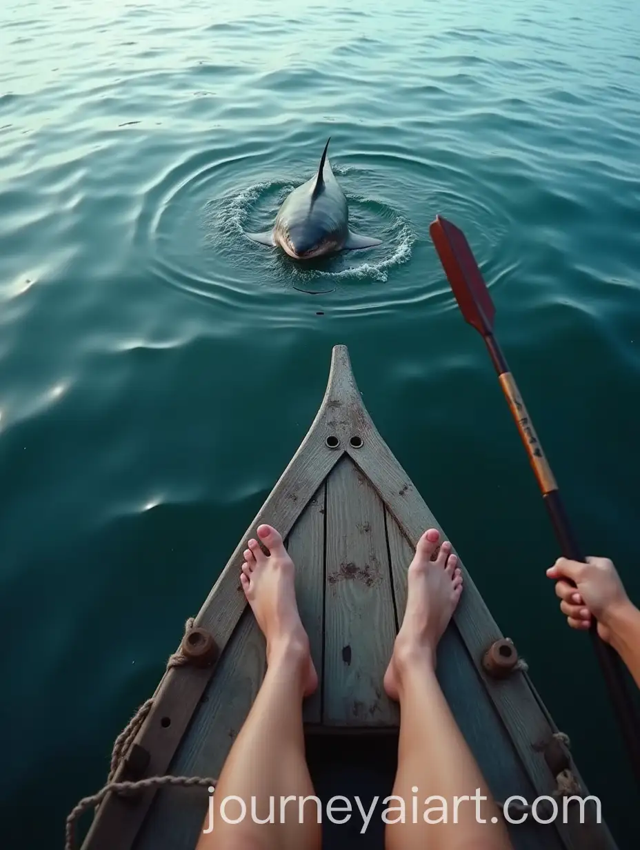 Bare-Feet-on-Wooden-Boat-with-Spear-and-Shark-in-the-Distance