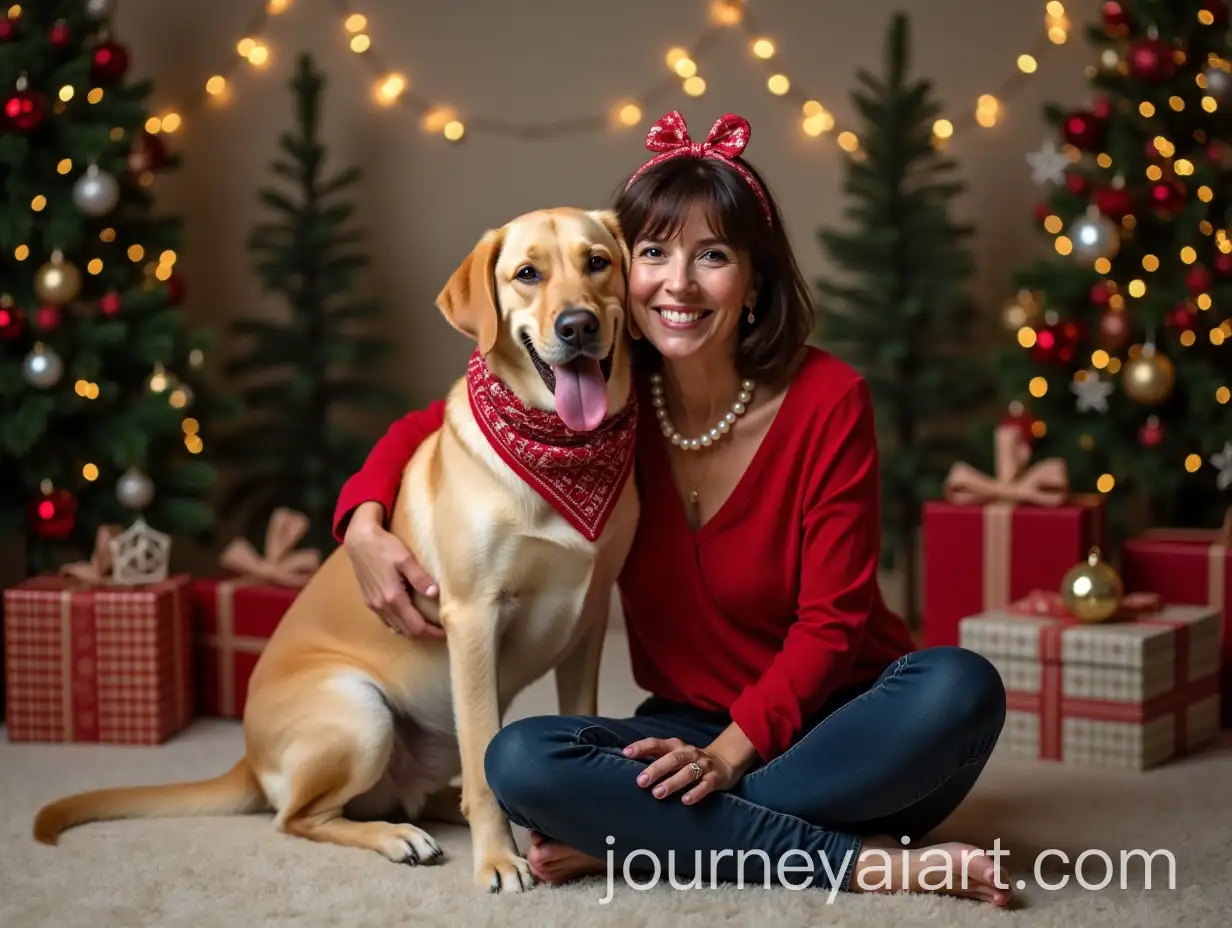 Woman-and-Labrador-Dog-in-Christmas-Decor-with-Gifts-and-Lights