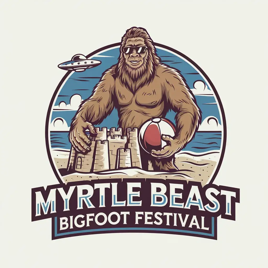 LOGO Design for Myrtle Beast Bigfoot Festival Bigfoot with Sunglasses Sandcastle UFO and Beach Theme