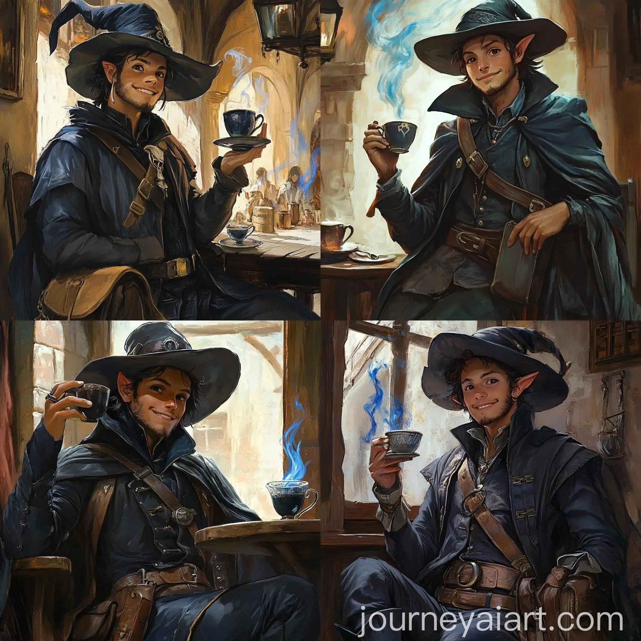 Wizard-Scholar-Drinking-Tea-in-Painted-Style-Inn-Scene