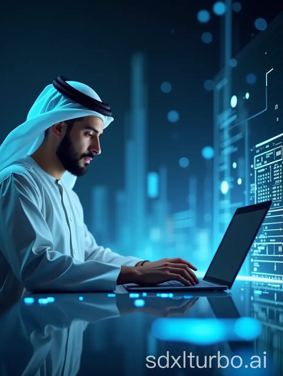 Innovative-Saudi-Arabian-IT-Professional-Crafting-Computer-Networks-Amidst-Futuristic-3D-Hologram