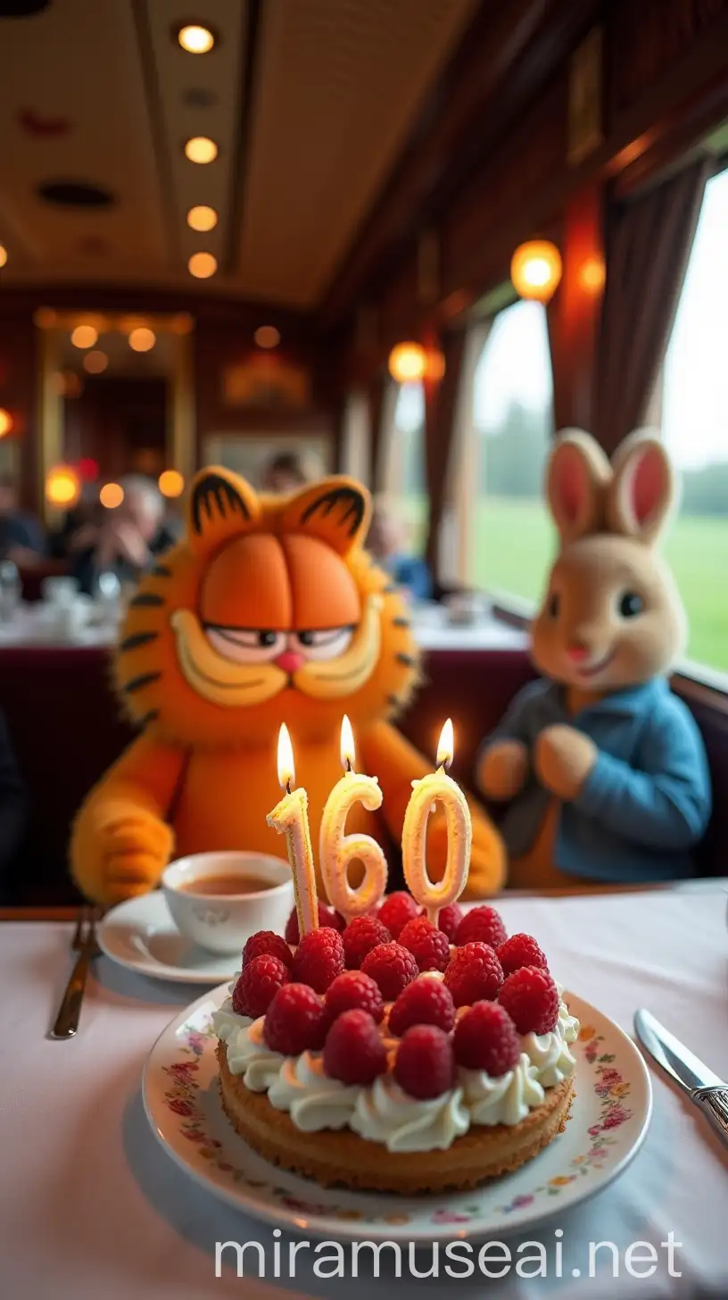 Luxurious Birthday Celebration with Garfield Peter Rabbit 60 Candles Raspberry Cake and High Tea