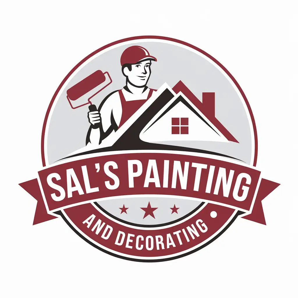 LOGO Design for Sals Painting and Decorating Red and White with Painter and House Symbol for Construction Industry