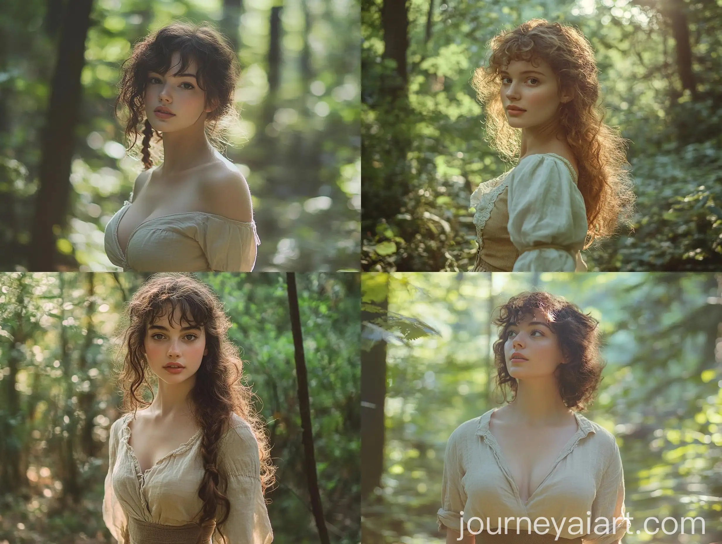 Cheerful-Woman-Exploring-Forest-with-Curly-Hair-and-Linen-Skirt