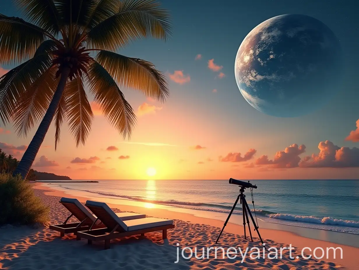 Beach-Sunset-with-Telescope-and-Earth-in-the-Sky
