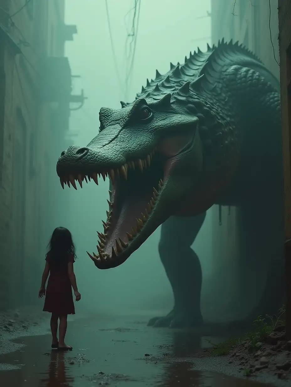 masterpiece, cinematic, cinematic shot, horror atmosphere, dystopic cyberpunk, falling down, falls down after the girl, falls down and tries to catch the girl with his mouth, crocodile mutant, crocodile-monster, crocodile, like a dragon, post-apocalypse