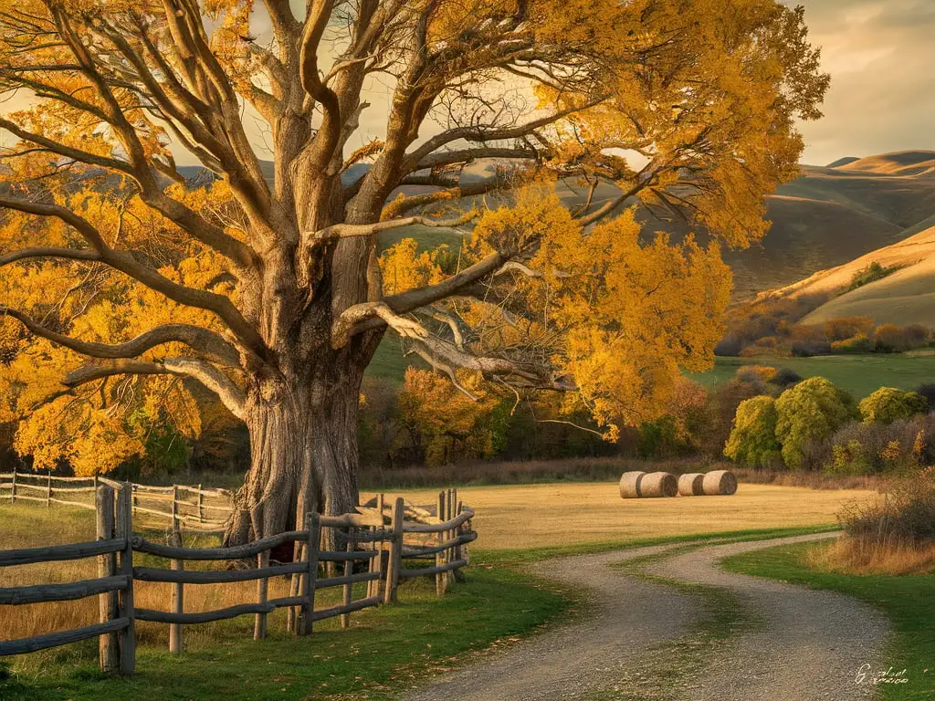 A serene rural scene in early autumn, showcasing a large golden tree with vibrant yellow leaves dominating the foreground. The tree is positioned next to a rustic wooden fence, with a gravel path winding towards distant hay bales in an open field. The background features rolling hills covered with a mix of green and autumnal-colored trees under a soft, warm sunset light. Ensure the tree's intricate branches are clearly visible, capturing the essence of a peaceful countryside setting.