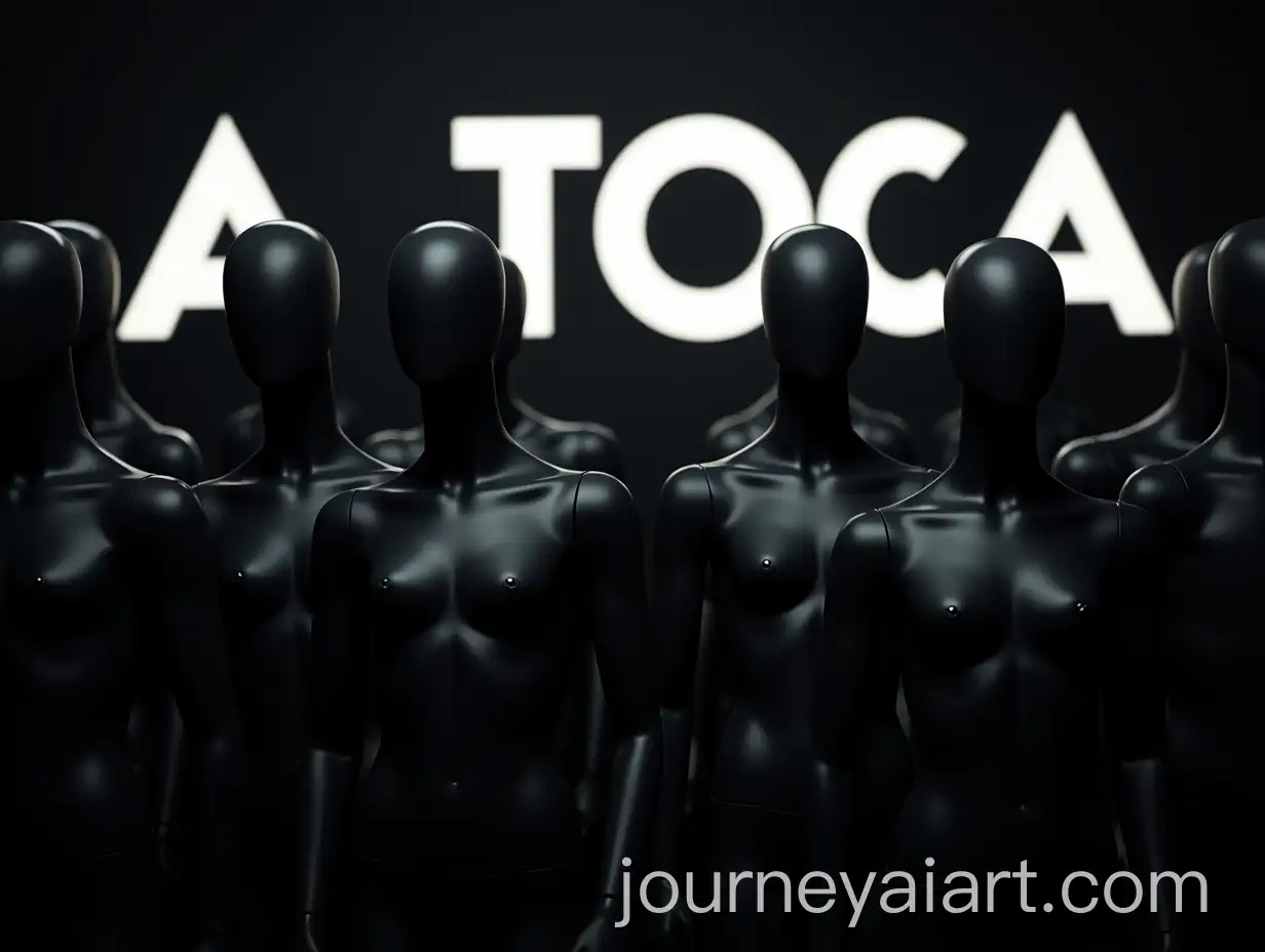 Symmetrical-Display-of-Black-Mannequins-with-Futuristic-Lighting-and-A-TOCA-Signage