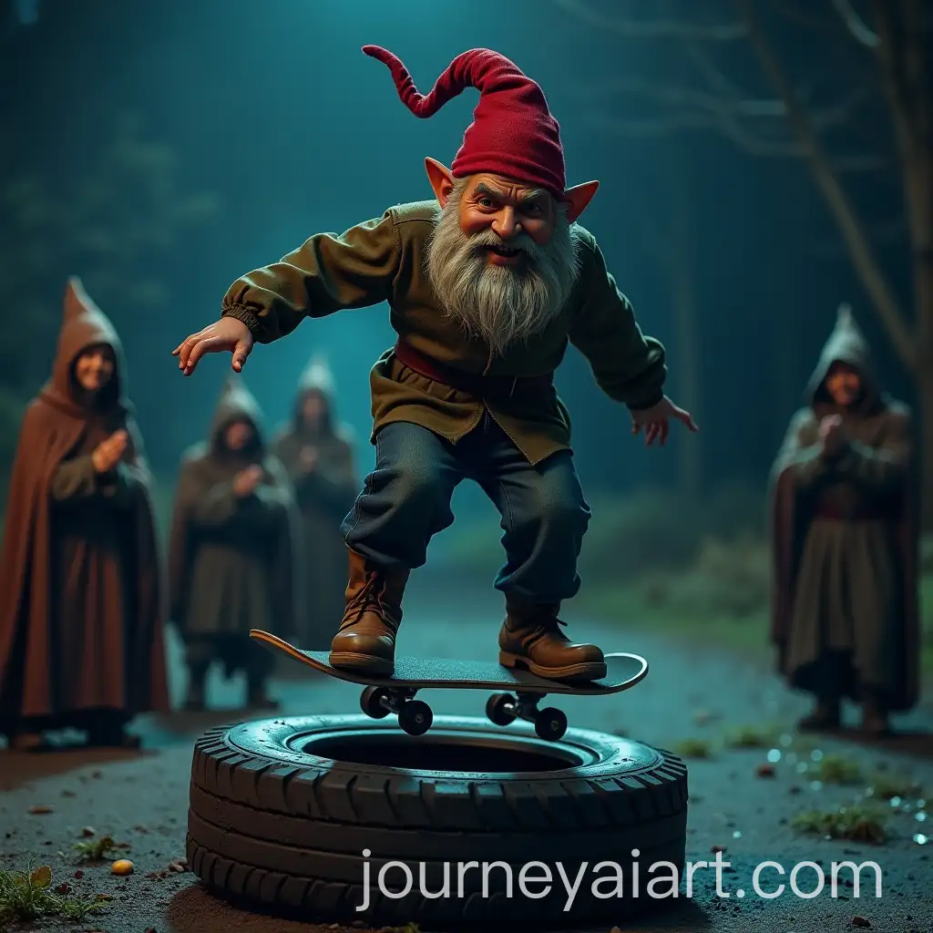 Night-Vision-Photograph-of-Gnome-Man-Skateboarding-over-Tire-with-Cloaked-Spectators