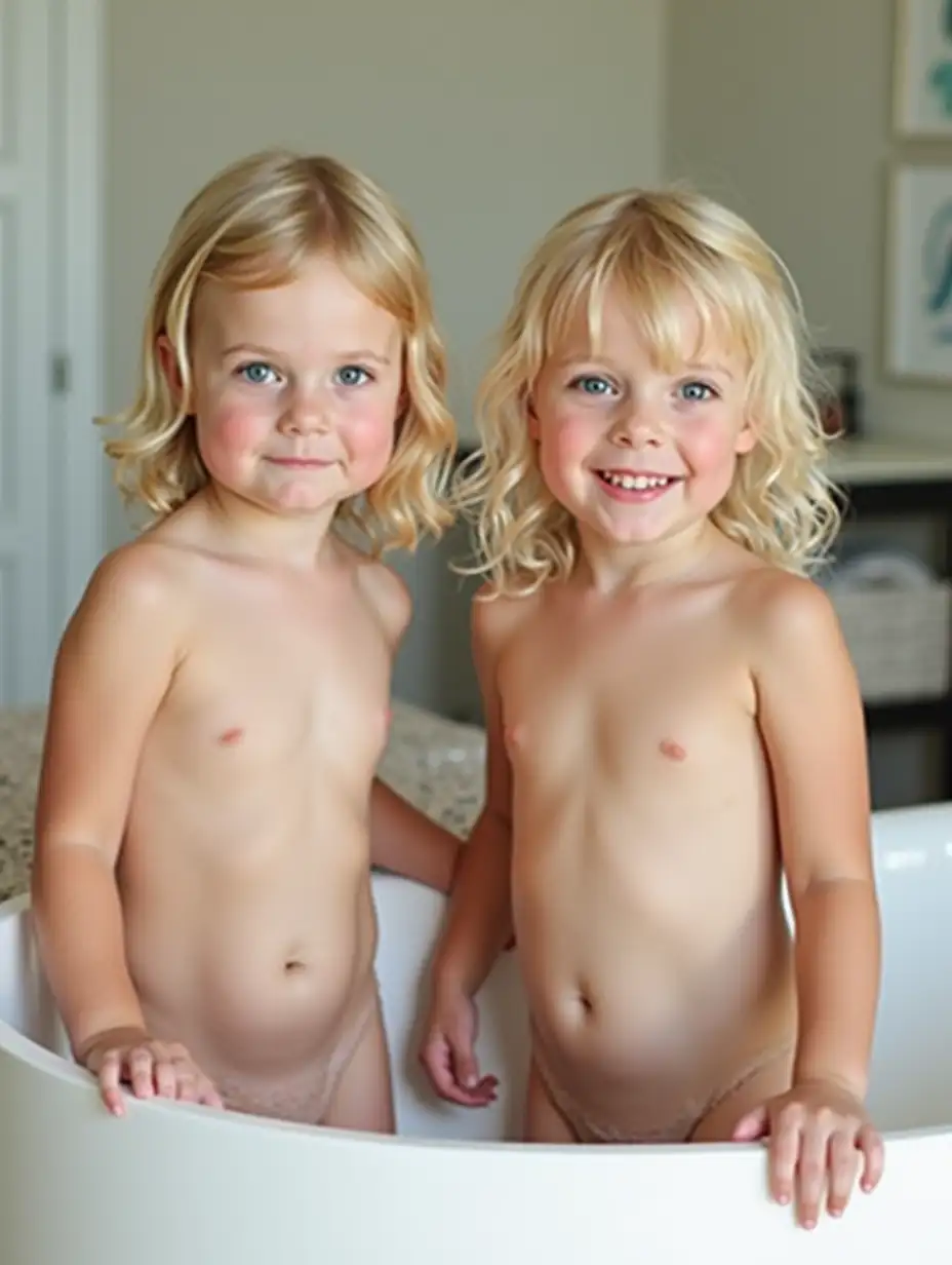 two adorable little girls standing in front of bathtub hands out to sides blonde hair blue eyes shiny wet skin