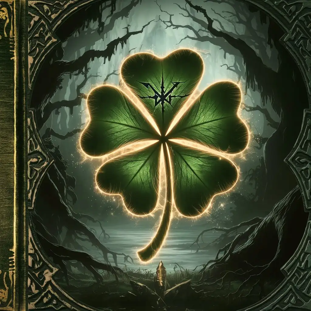 glowing faintly pulsing with red and black clover bearing a dark five-leaf clover emblem exuding powerful magical energy, the atmosphere is enchanted, mysterious, and full of arcane wonder, digital painting style with intricate lighting effects, embossed textures on book cover, and cinematic depth, --ar 16:9 --v 5