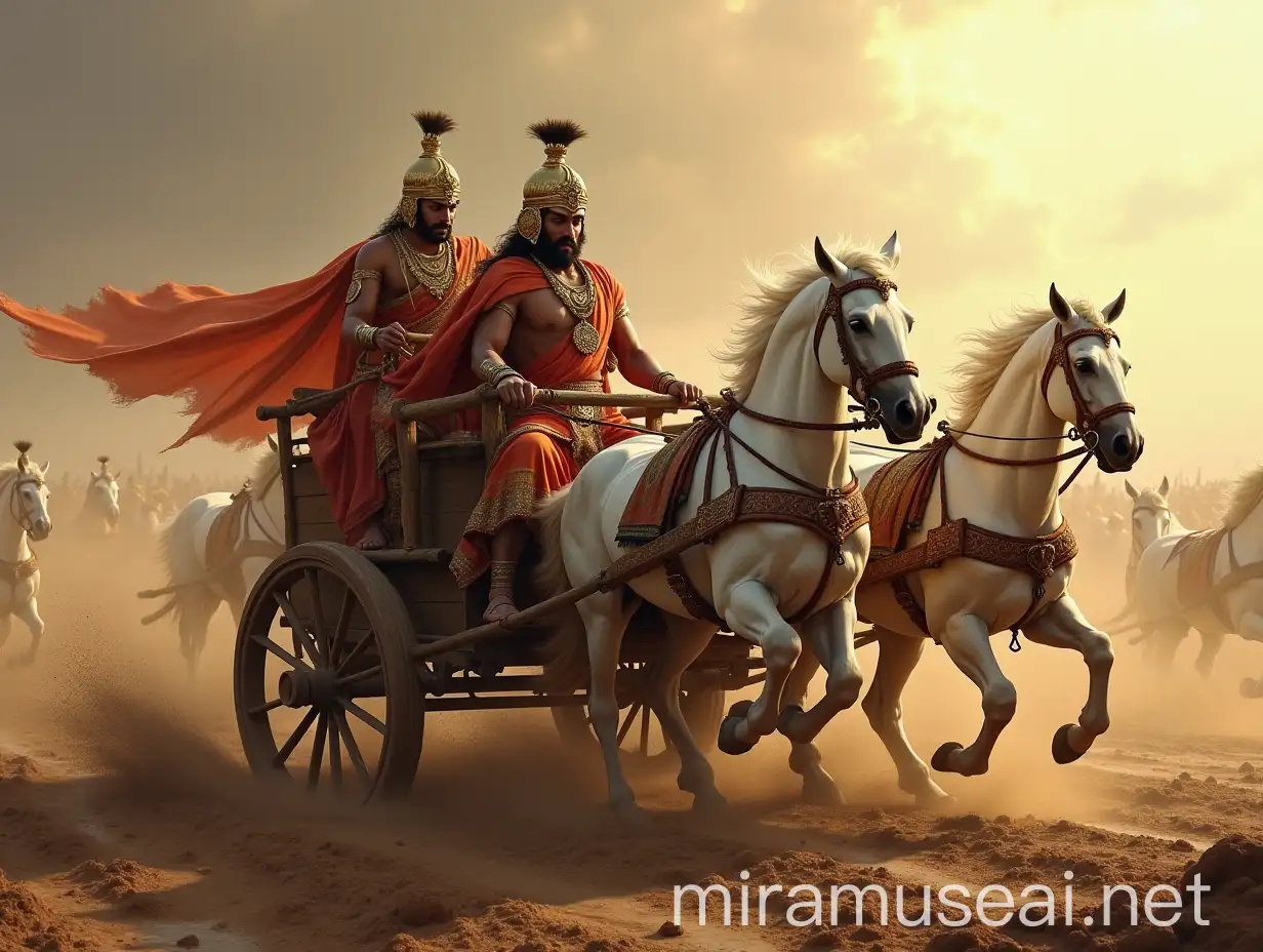 Mahabharat Warrior Pushing Chariot in Mud with White Horses