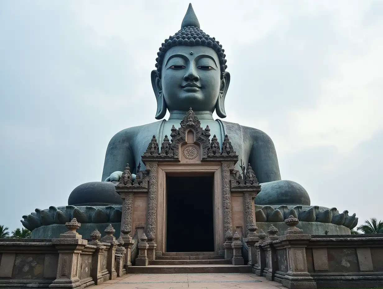 A giant Buddha head statue leans against the temple entrance. The sky is slightly gray and cloudy.