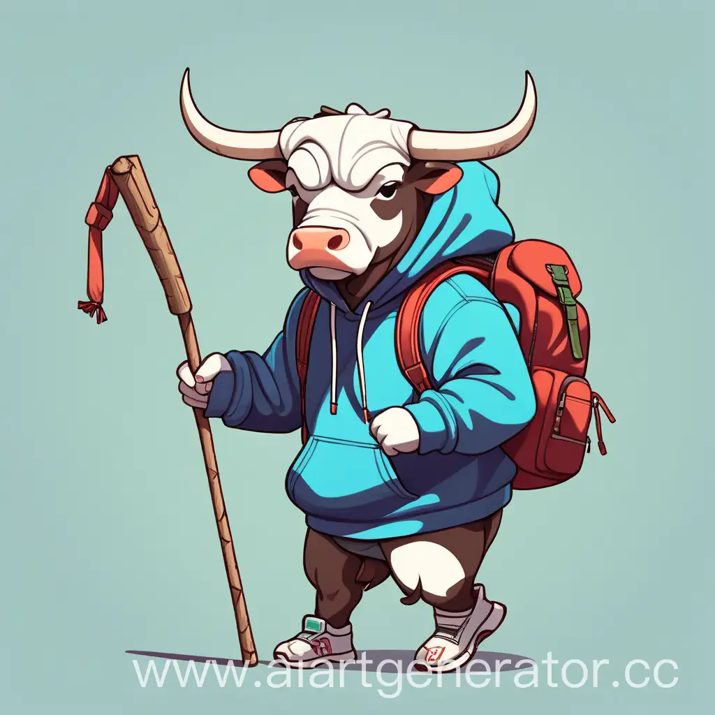 Peaceful-Bull-in-Hoodie-with-Backpack-and-Stick