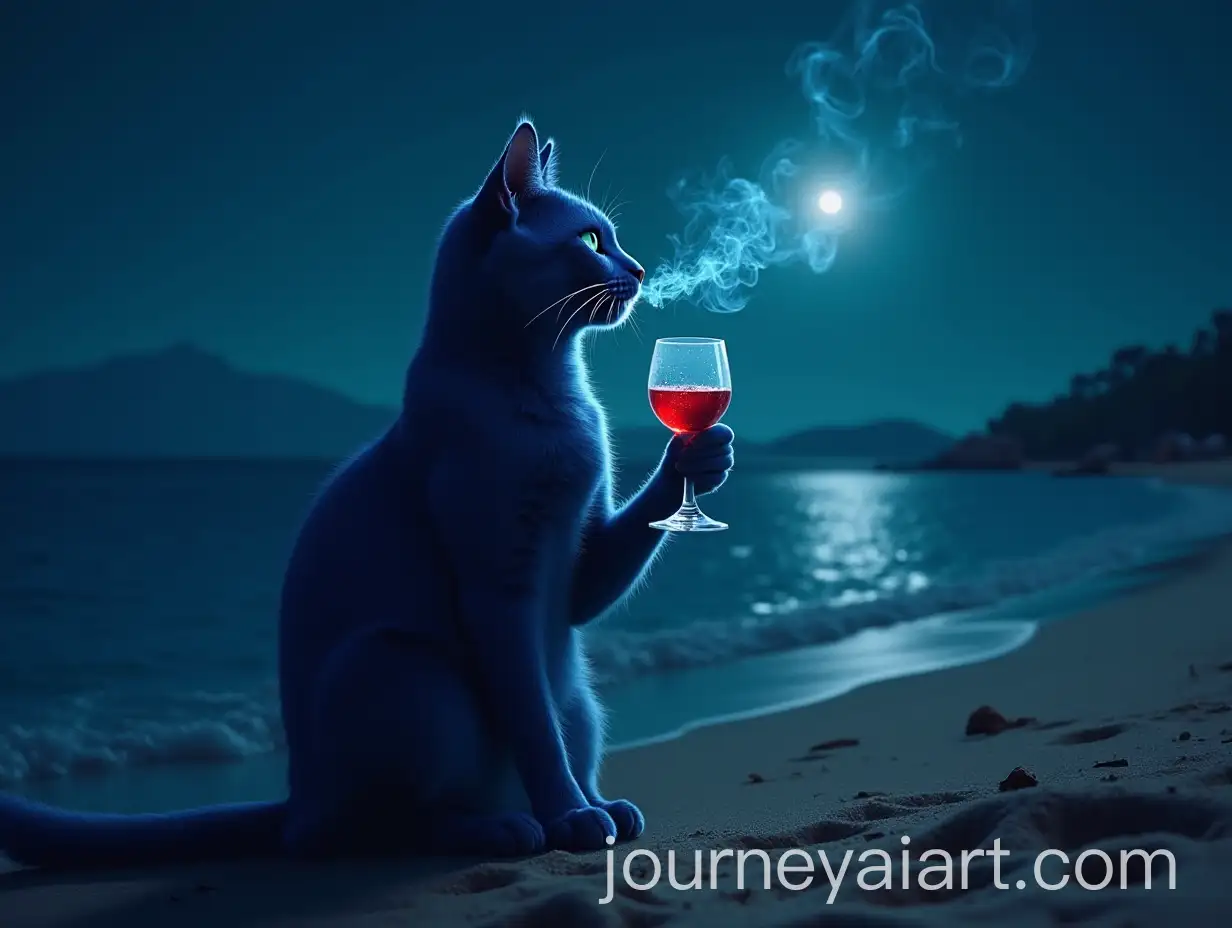 Mystical-Blue-Cat-Smoking-and-Drinking-Wine-on-the-Beach-at-Night