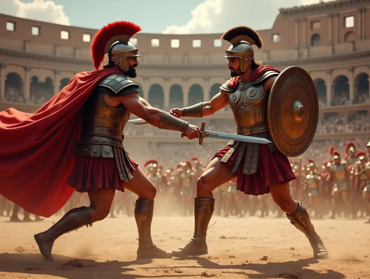 Creating a digital painting of a powerful, robust Roman fighter in the Colosseum (Amphitheatrum Flavium) fighting with a sword in his hand against another Roman fighter, the ground dusty with elaborate armor lacquer and photorealistic love for detail of parts and lighting.