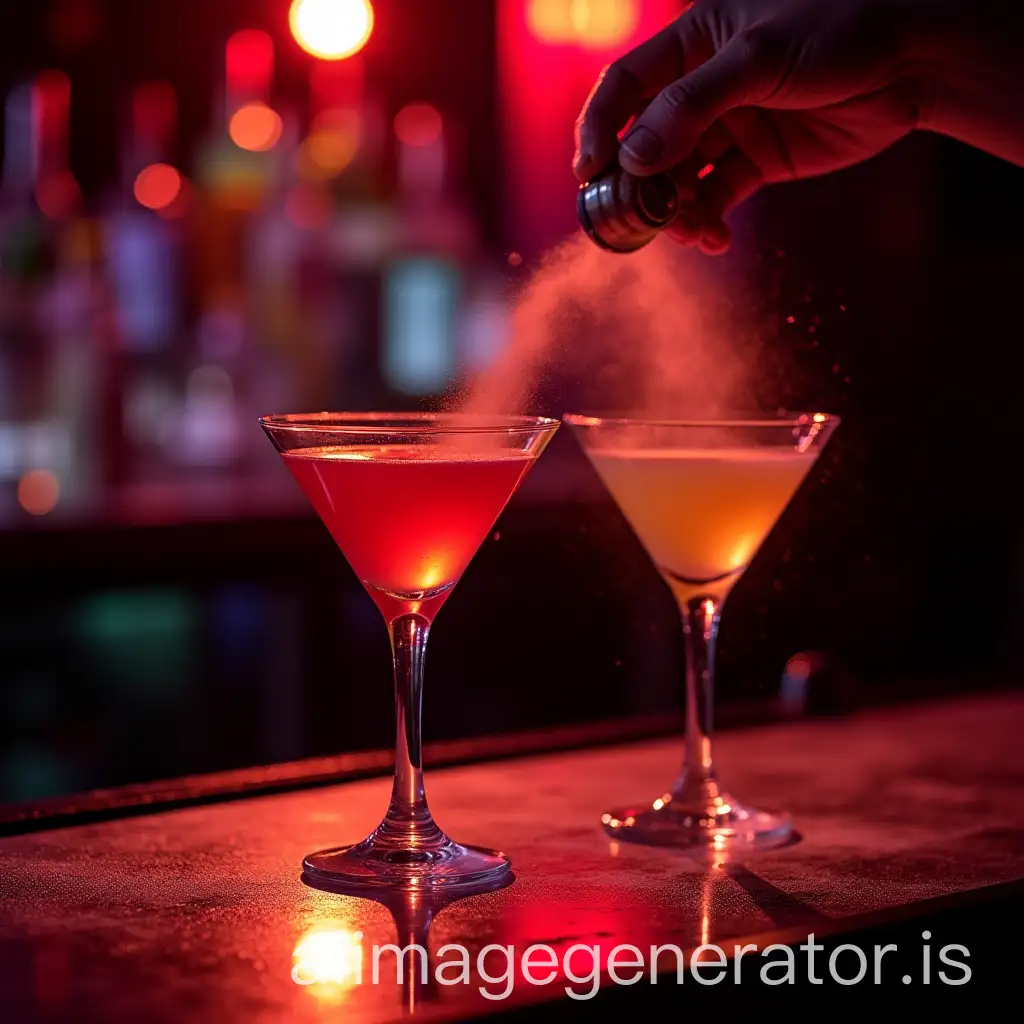 Interior shot of a nightclub in south beach in Miami FL. . Close up of two cosmopolitans drinks in martini glasses on bar, with the hand of someone slipping a powder into the drinks.