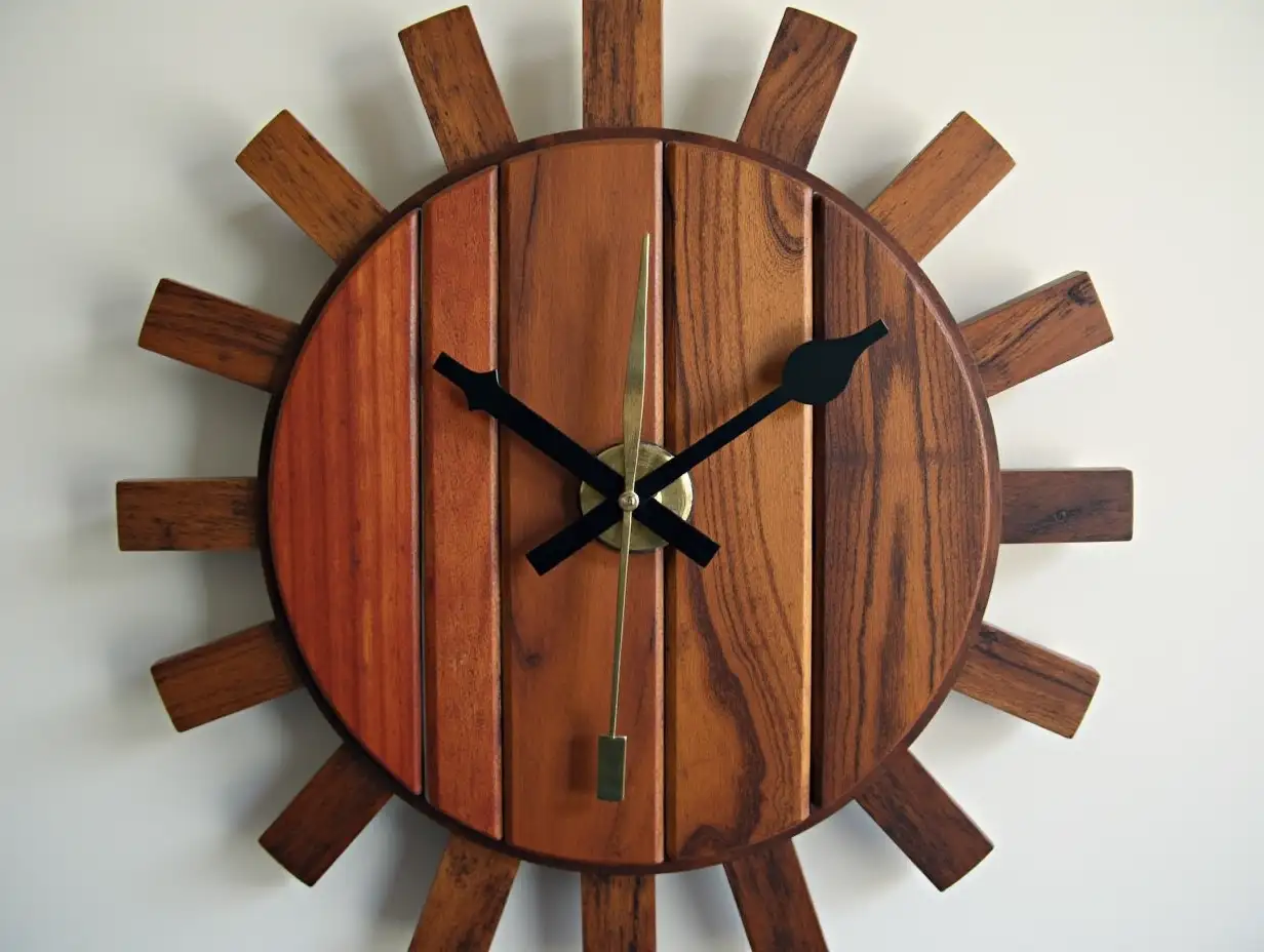 Harz mixed with wood, wall clock with red Schme, brown gold black