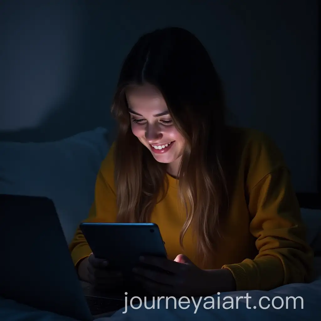 Late-Night-College-Student-Smiling-at-Phone-with-Piled-Tasks-and-Laptop