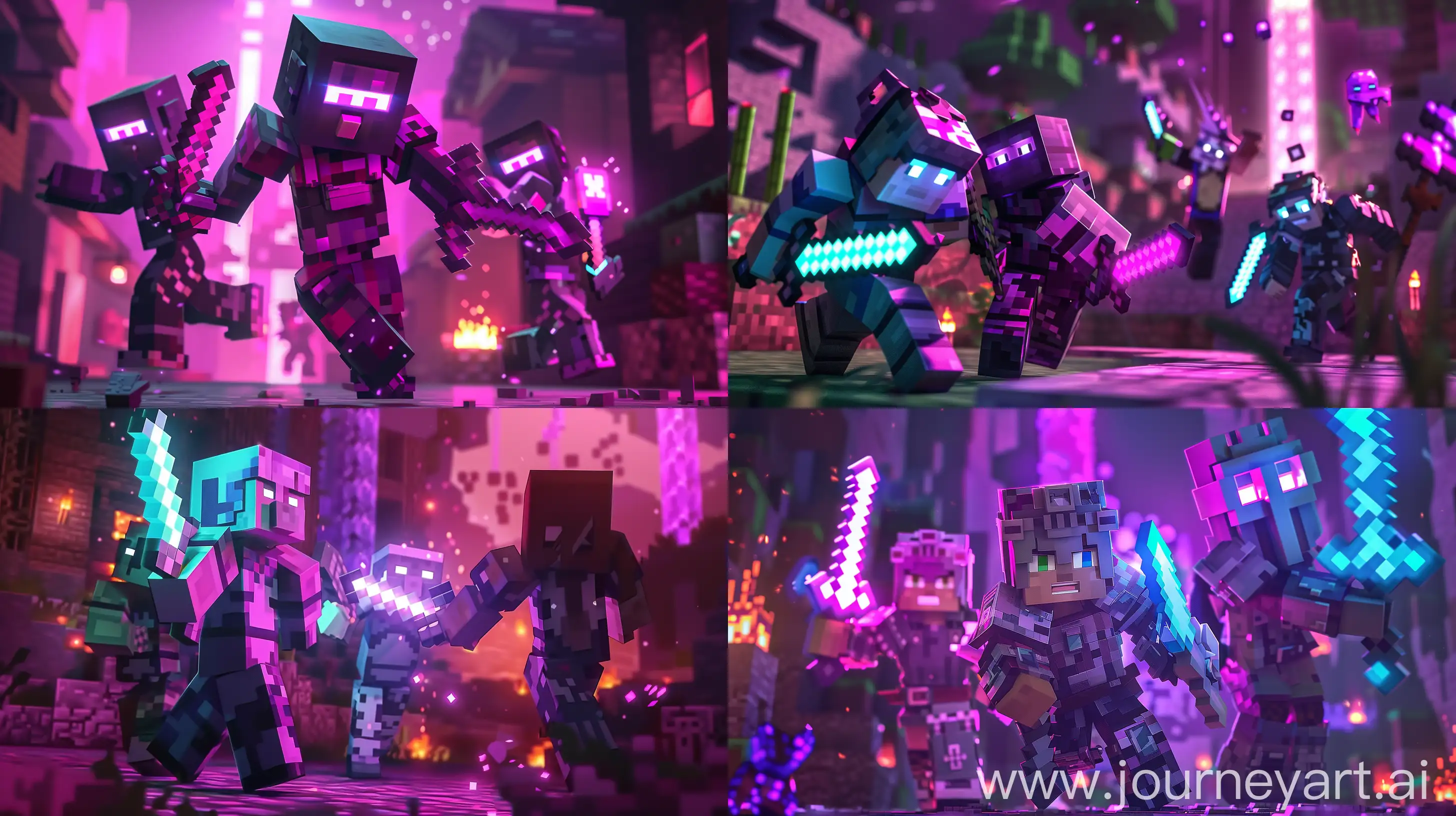 Dynamic-Minecraft-Characters-in-Colorful-Armor-Exploring-a-Fantastical-World
