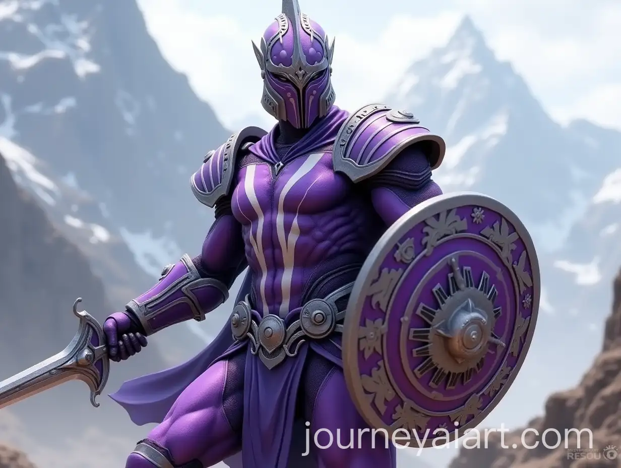Futuristic-Male-Warrior-in-Purple-and-White-Armor-with-Roman-Sword