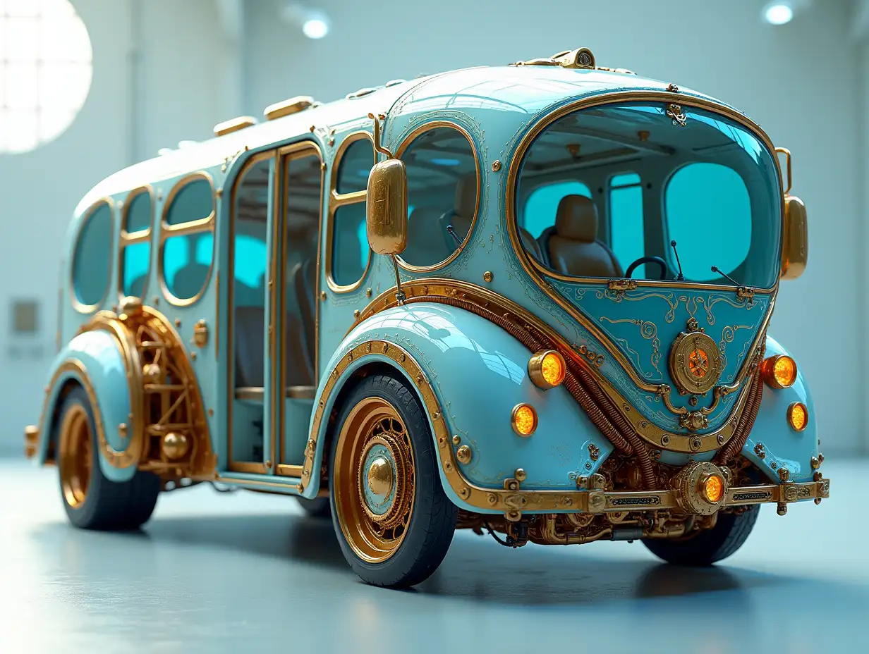 Supermodern utopian sports Omnibus with gears, lowered body, 18-inch rims, aluminum wheels, Cream Blue Gold, Cyberpunk.