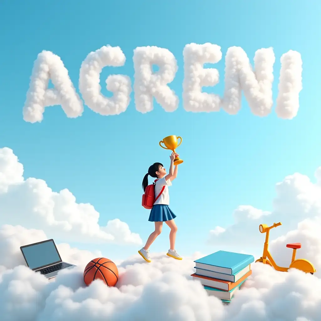 Junior-High-School-Girl-Raising-Trophy-with-3D-Objects-in-Sky-Forming-AGRENI