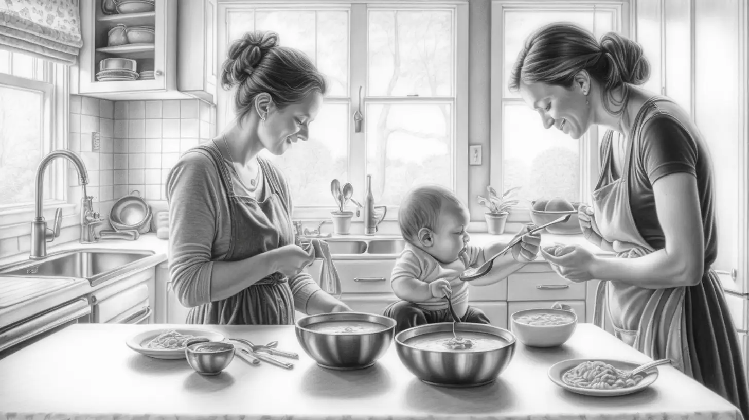 Family Spooning Soup to Baby Son with Mother Watching in Kitchen