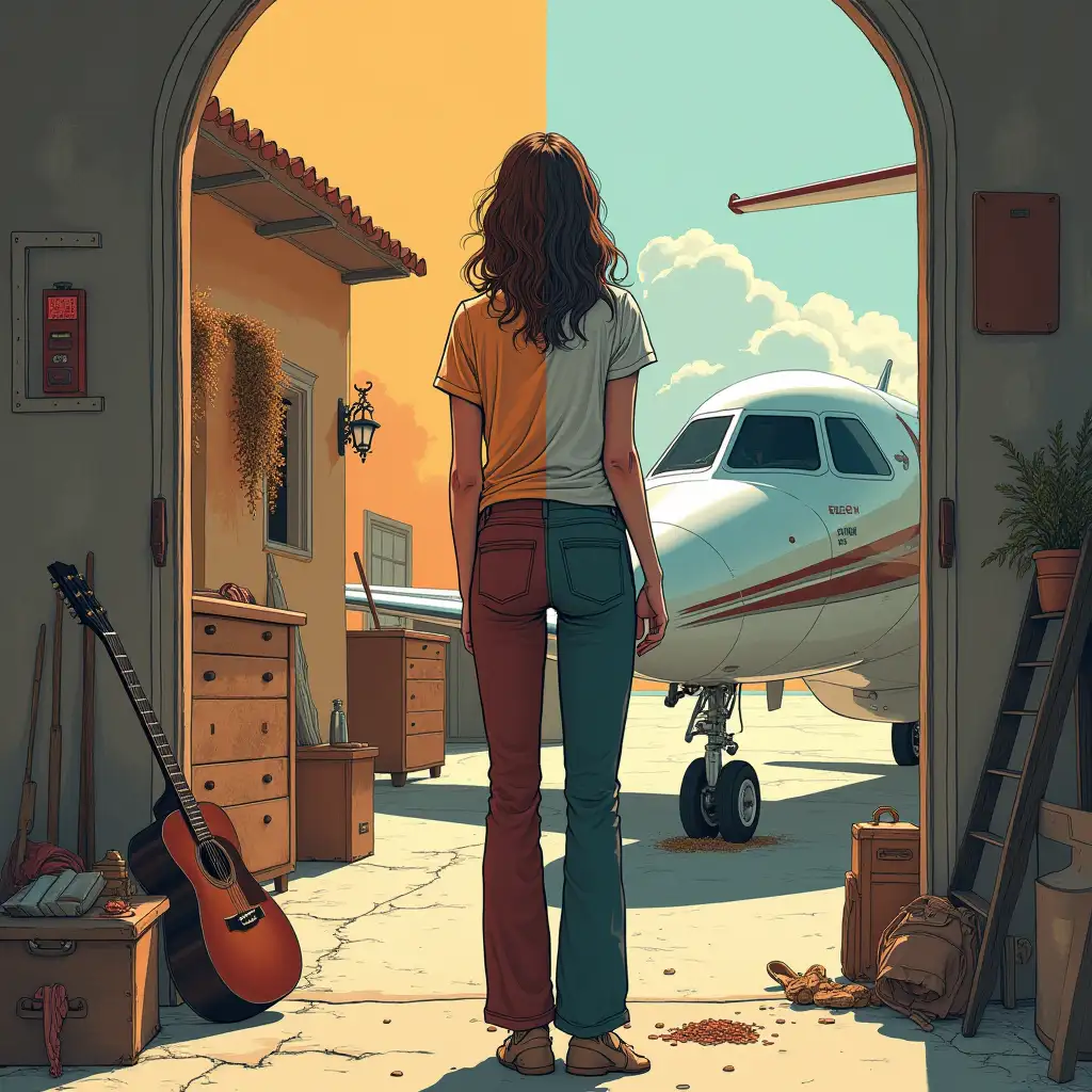 Draw a striking, thought-provoking image contrasting the luxurious lifestyle of the wealthy with the humble, everyday life of the working class. Central figure: A female in a simple, everyday setting (e.g., a small apartment, a workshop, or a street). Contrasting background: A private jet in the background, symbolizing the disparity between the two worlds. Color palette: Muted, earthy tones for the central figure and setting, with bold, vibrant colors for the luxurious background, highlighting the contrast. Lighting: Soft, natural light for the central figure, with harsh, artificial light for the luxurious background, emphasizing the difference. Symbolism: Incorporate symbols of authenticity, humility, and hard work (e.g., a guitar, a toolbox, or a book) to represent the working-class perspective. Mood and Atmosphere: The image should evoke a sense of introspection, self-awareness, and empathy, inviting the listener to reflect on their own values and priorities.