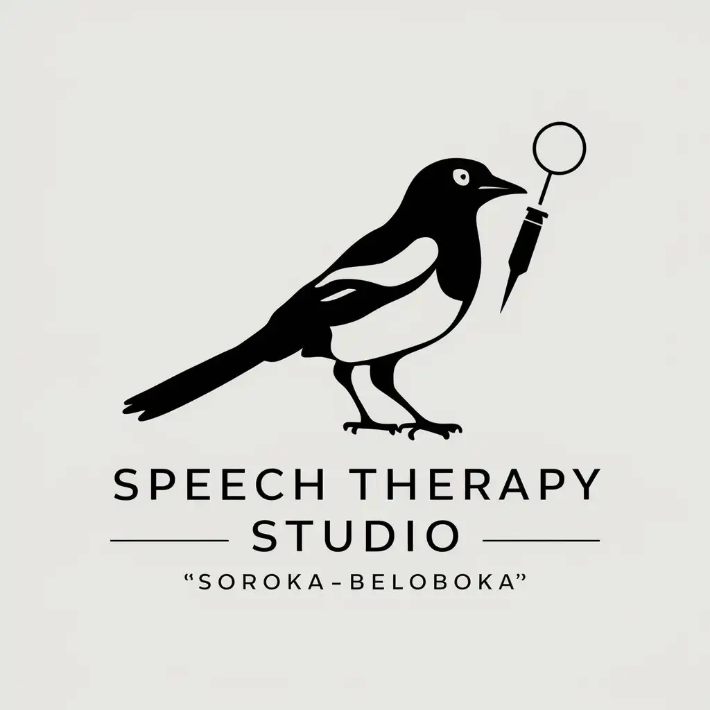 a vector logo design,with the text "Speech therapy studio 'Soroka-beloboka'", main symbol:A magpie with a speech therapy probe in its beak,Moderate,clear background