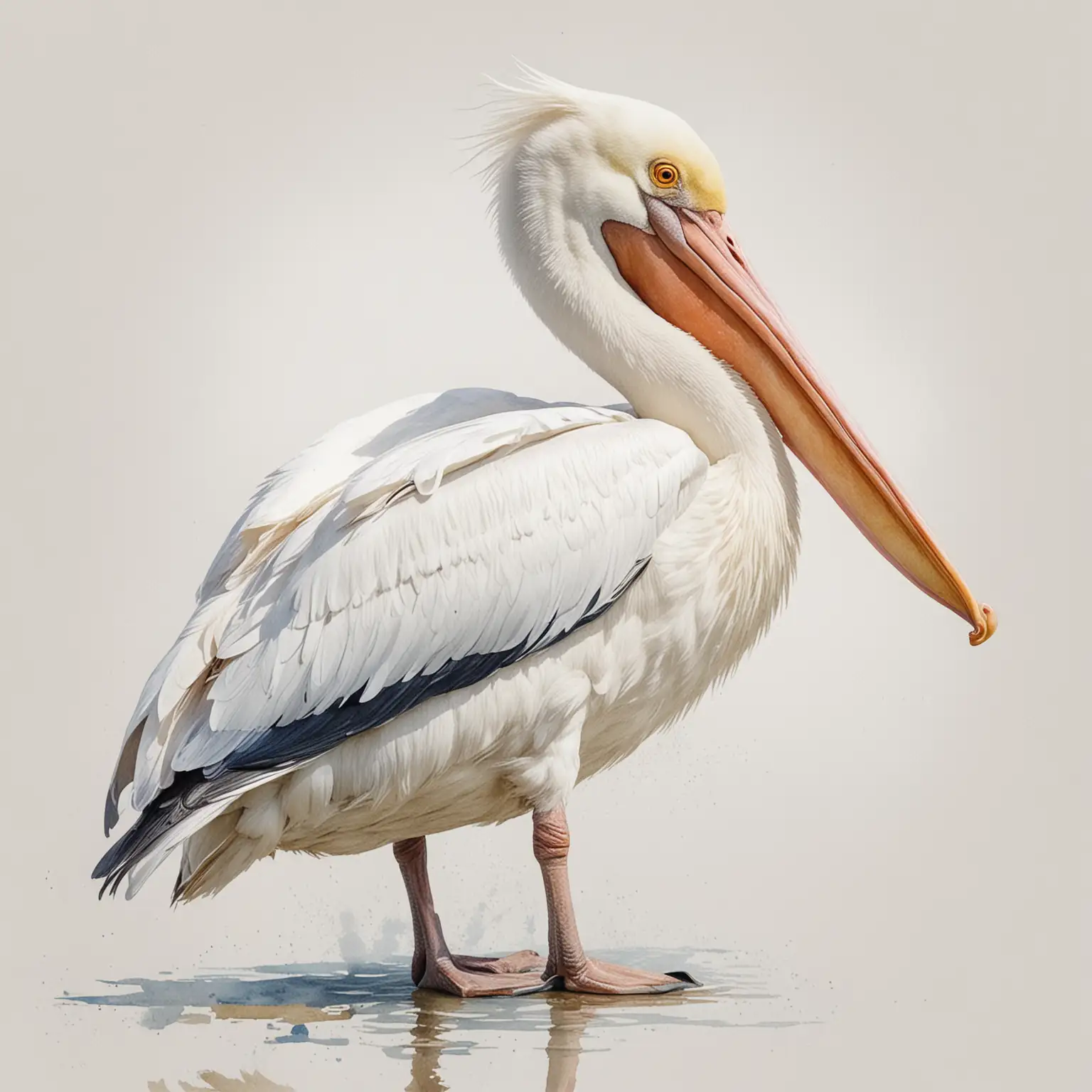 an impressionist watercolour of a Eastern White Pelican on a white background. the colours should be soft, the style naive and painterly