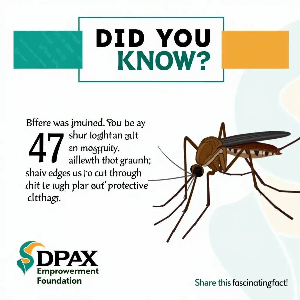 A visually engaging and professional graphic post for DPAX Empowerment Foundation, featuring a ‘DID YOU KNOW?’ fact about mosquitoes. The design includes a detailed and artistic illustration of a mosquito, with a close-up view of its proboscis, highlighting its 47 sharp edges used to cut through skin and protective clothing.nnThe background is sleek and modern, incorporating DPAX’s brand colors: teal, orange, and white for a professional and cohesive look. The typography is bold and clear, with ‘DID YOU KNOW?’ in large, attention-grabbing letters at the top. The fact is presented in a concise and easy-to-read format.nnA subtle call-to-action at the bottom encourages engagement, such as ‘Share this fascinating fact!’ The overall design is clean, informative, and visually appealing, ensuring it captures attention while reinforcing DPAX’s commitment to education and awareness.