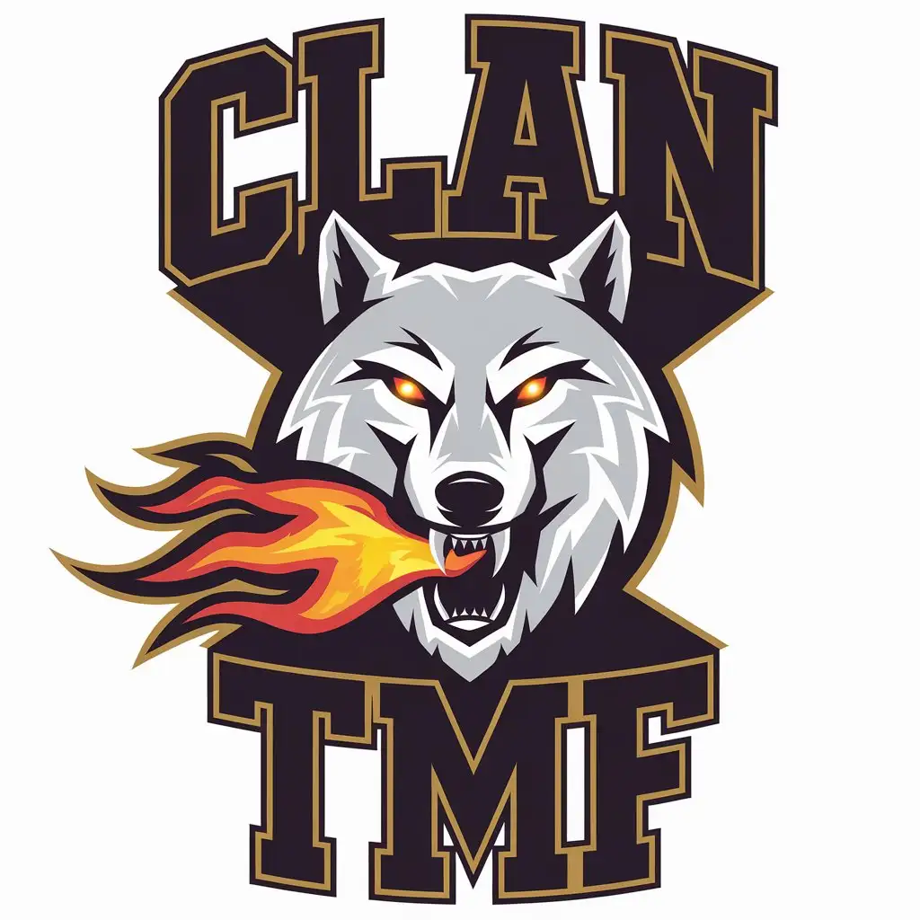 a vector logo design,with the text "CLAN TMF", main symbol:🐺🔥,Moderate,clear background