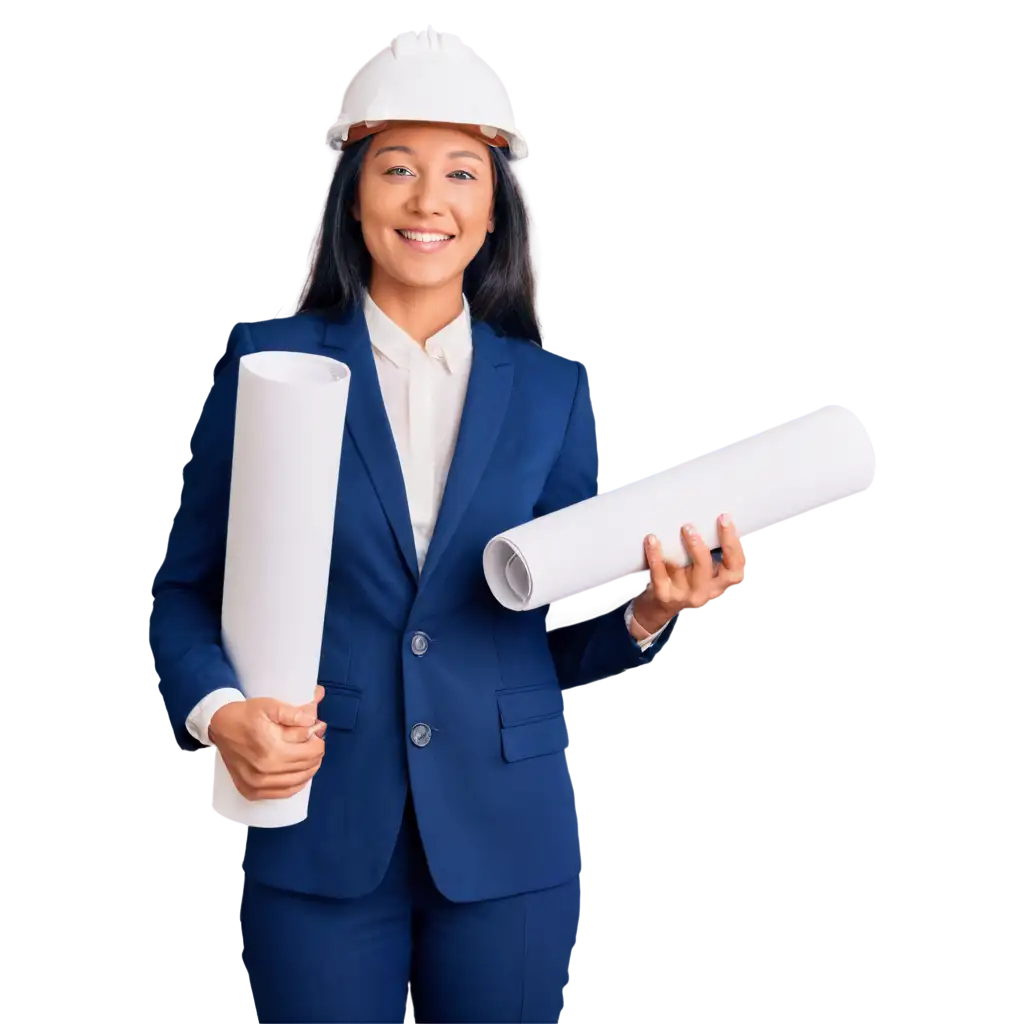 Professional-Woman-in-NavyBlue-Business-Suit-with-Blueprints-PNG-Image-for-Construction-and-Architecture