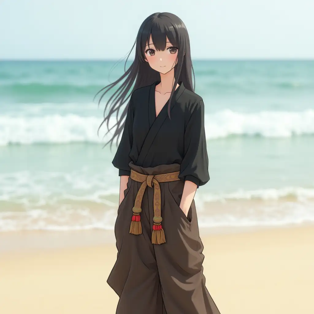 Japanese-Girl-in-Traditional-Egyptian-Trousers-and-Black-Shirt-on-a-Beach