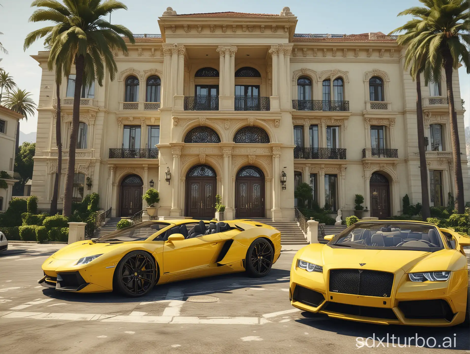 Gta 5 big rich and luxury mansion in the center, an ultra realistic yellow Lamborghini and Rolls-Royce outside the mansion, Ultra realistic detailed open world gta 5 image,  high contrast and very clean image 8k