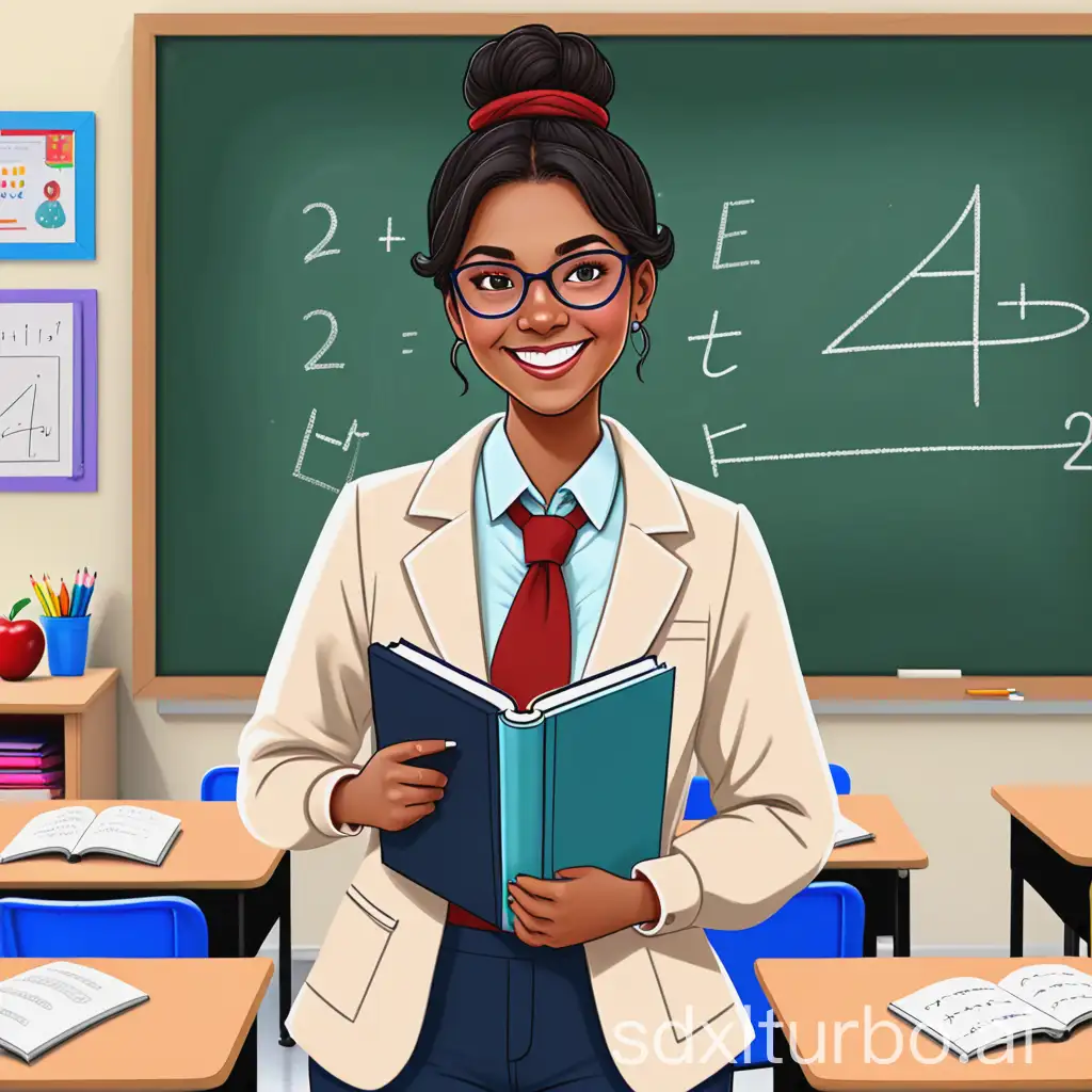 This is a digital illustration depicting a female teacher in a classroom setting. The teacher, positioned slightly to the left of the image, is smiling warmly and holding a blue textbook open in her left hand. She has a light brown complexion, curly black hair tied up in a high bun, and wears round, red-framed glasses. Her outfit includes a mustard-yellow blazer over a white shirt and blue pants.   In the background, a green chalkboard is filled with mathematical symbols and equations. To the left of the teacher, a small red pencil case containing a pencil and eraser sits on the chalkboard ledge. On the right side of the teacher, there are two stacked books with red and blue covers, and a third book with a red cover and a red and white star on its spine. The classroom wall behind the chalkboard is rendered with light beige bricks, giving a sense of a modern, clean classroom environment.  The overall style of the illustration is flat, with clean lines and vibrant colors, characteristic of modern digital art. The background is simple and uncluttered, focusing attention on the teacher and the chalkboard.