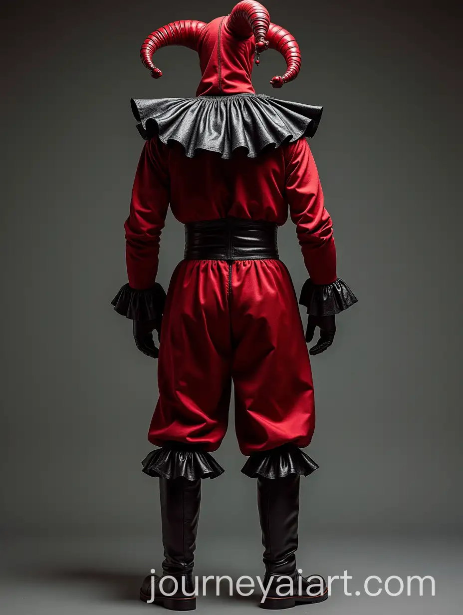 Evil-Jester-in-Red-and-Black-Costume-with-Boots-Full-Back-View