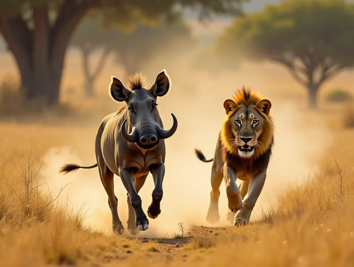 A dramatic wildlife scene unfolds in the African savanna. A powerful warthog, with its muscular frame and sharp tusks, charges aggressively toward a startled lion. The lion, usually the predator, is now the prey, sprinting away with wide eyes and a flicking tail. Dust rises as the warthog relentlessly chases the lion across the golden grasslands, determined and fearless. Acacia trees dot the background, while the distant roar of other wildlife fills the air. The camera follows the chase with dynamic angles, capturing the intensity and unexpected reversal of roles in the wild.