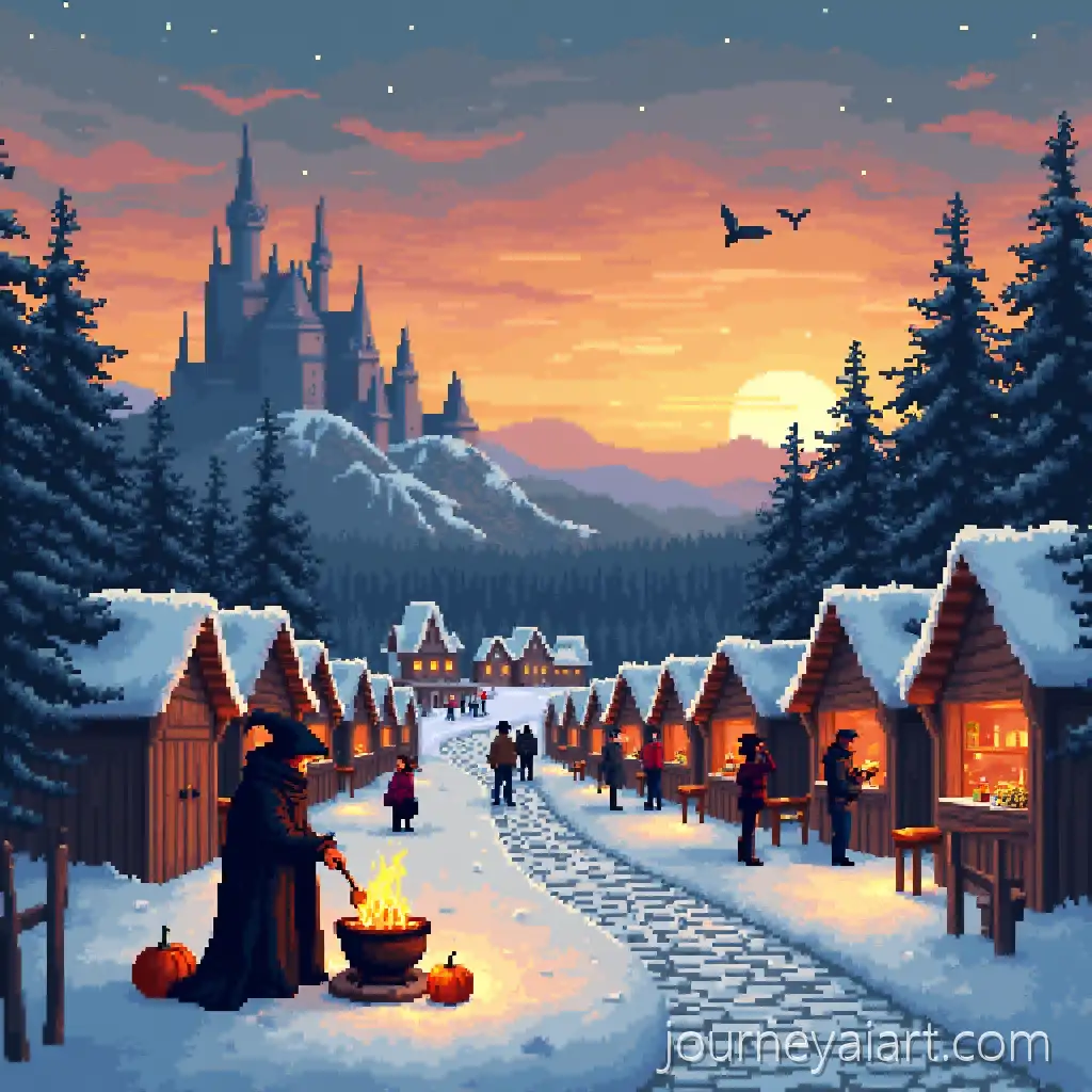 Pixel-Art-Winter-Dusk-SceneWinter-dusk-with-witch-with-Witch-Cauldron-and-Market-Stalls