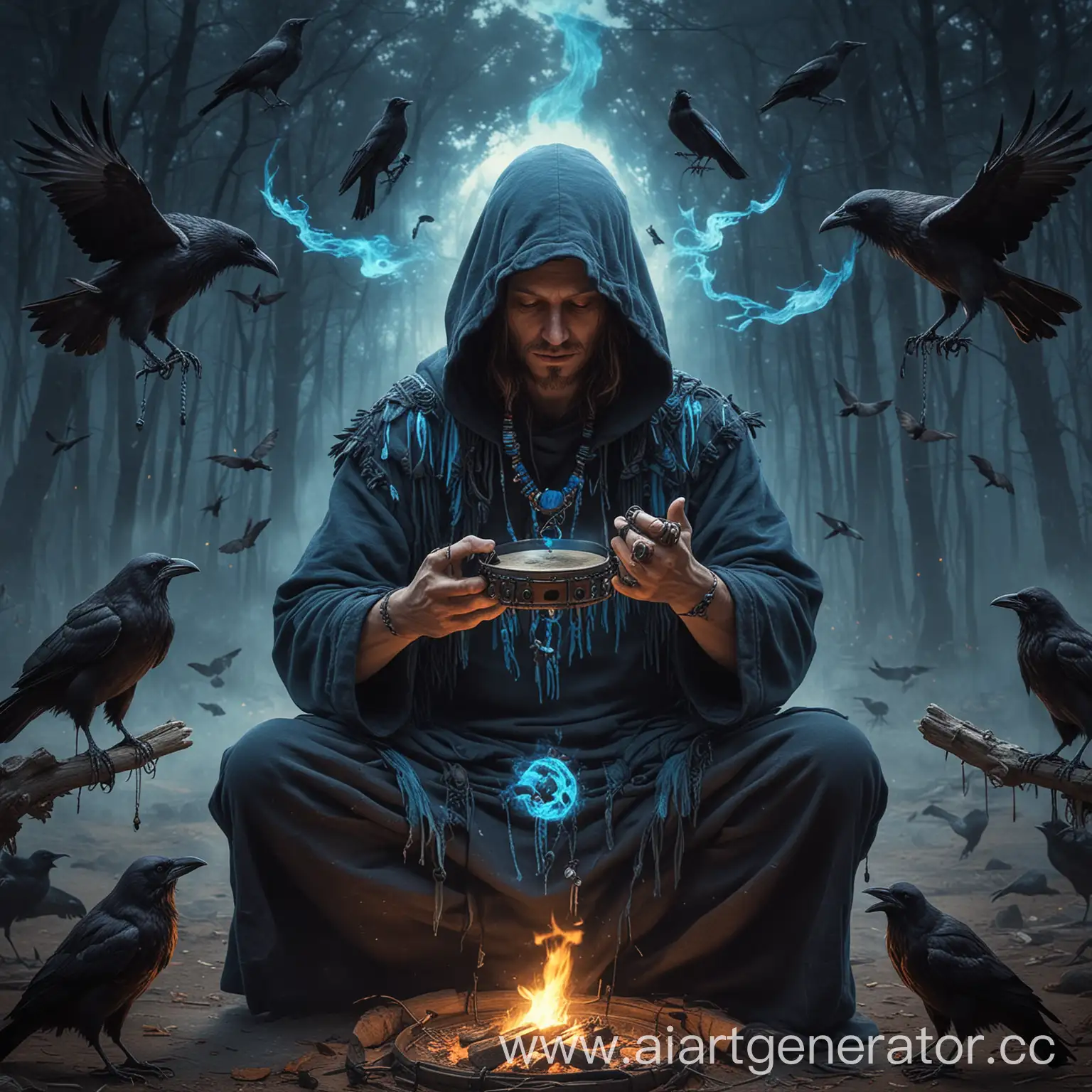 Shaman-with-Tambourine-and-Blue-Fire-Surrounded-by-Crows