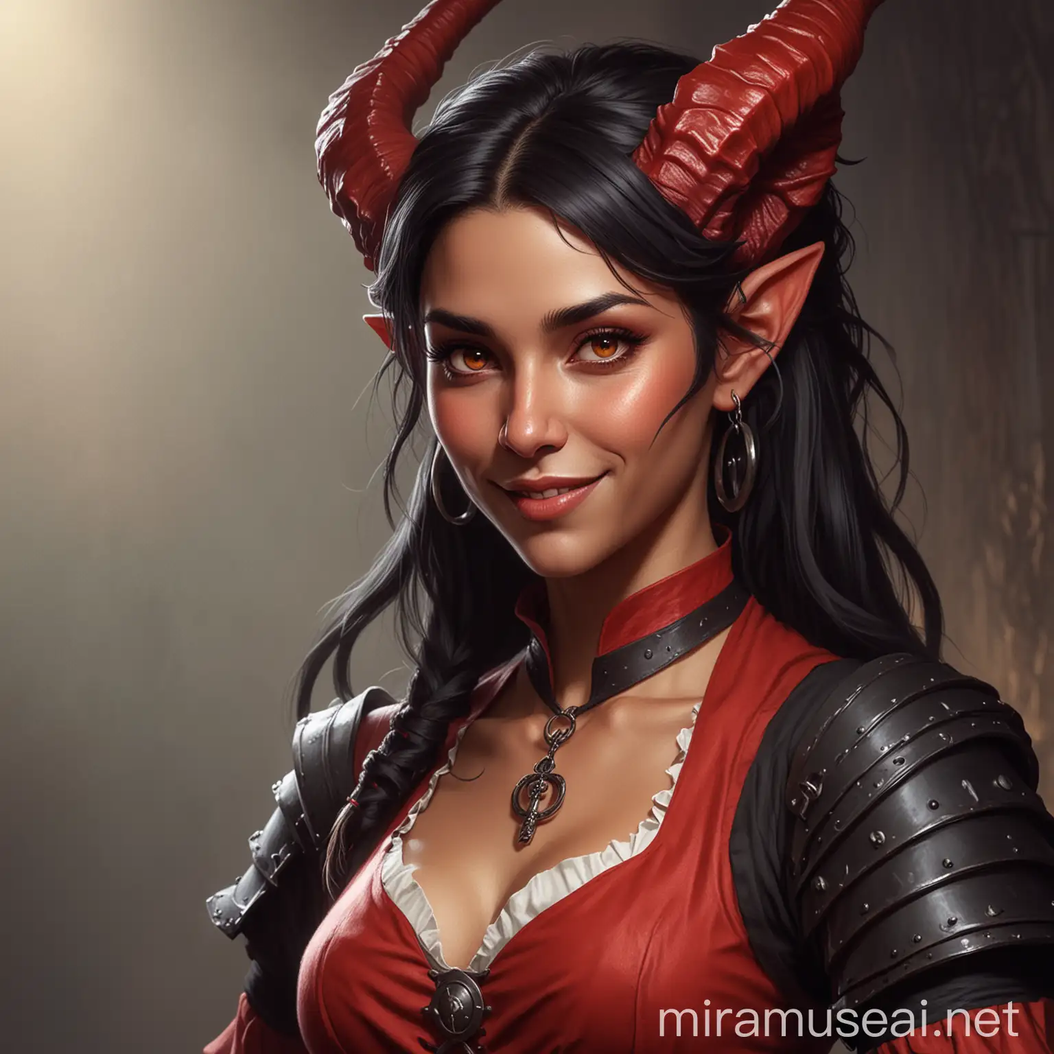 Fantasy Red Tiefling Inn Maid with Quiet Smile in DD Art Style