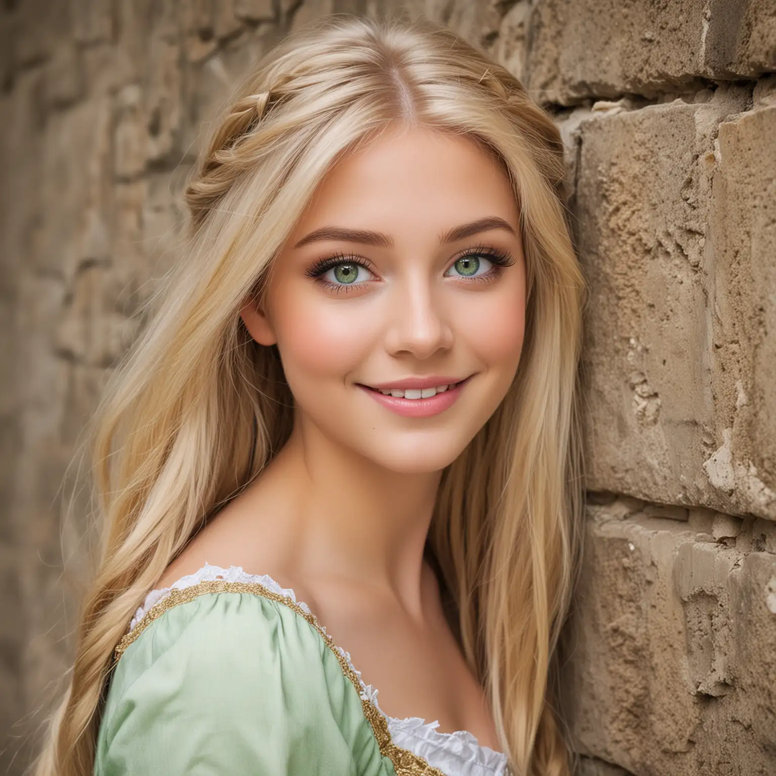 Smiling Blonde Woman with Green Eyes Leaning Against a Wall