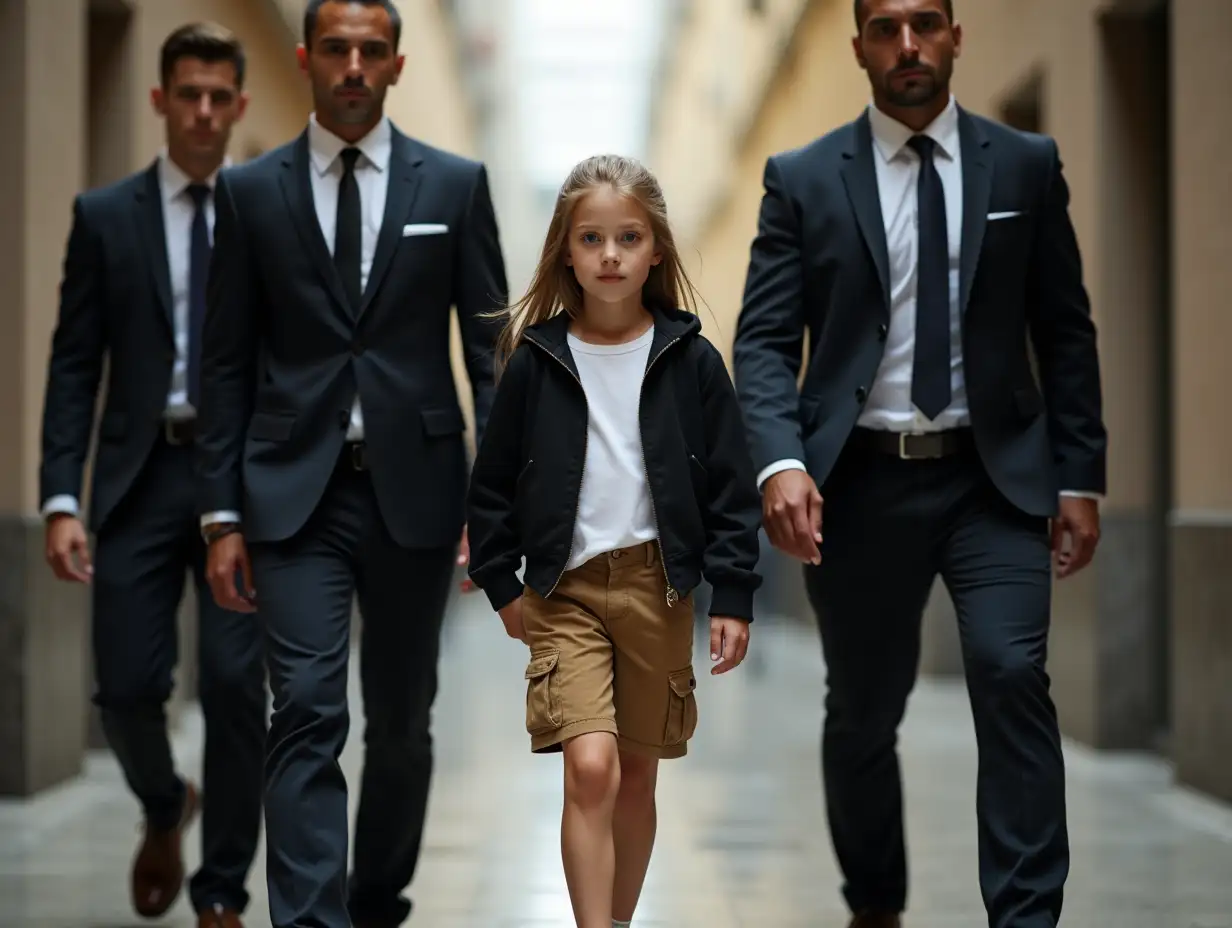 Young-Girl-Surrounded-by-Bodyguards-in-Business-Suits