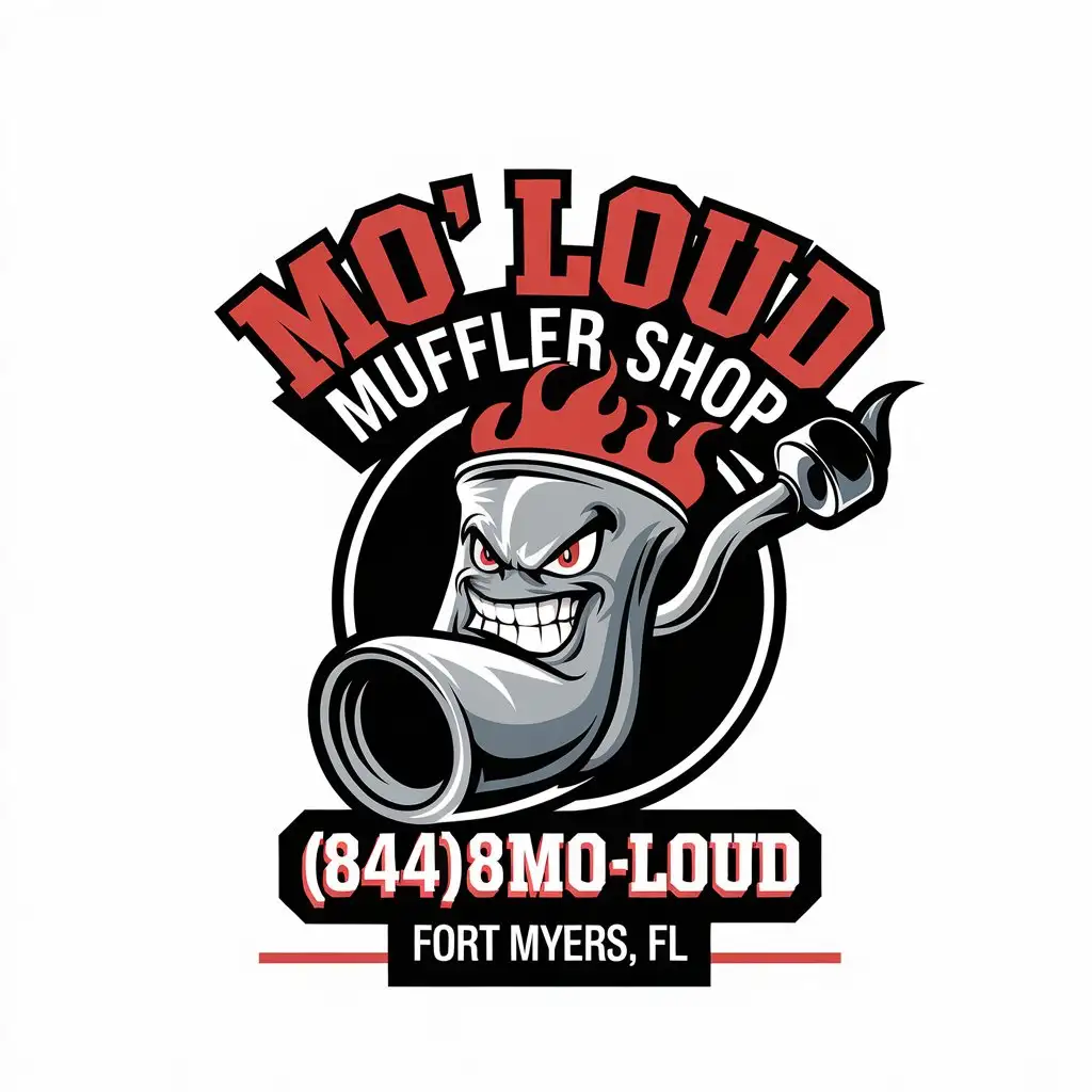 LOGO Design for Mo Loud Muffler Shop Vector Logo with Tough Muffler and Flames Theme