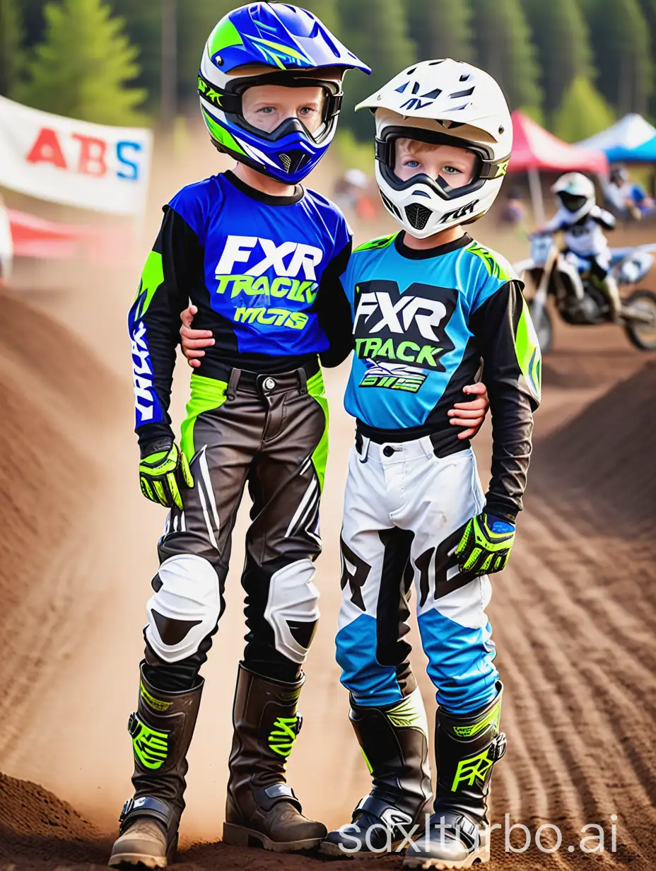 two cute athletic ten-year old Nordic boys wearing FXR Racing motocross pants and motocross boots, motocross helmet with face guard, reflective goggles over eyes, lift shirt with hand to proudly show off defined chest and V-line abs at dirt track, best friends