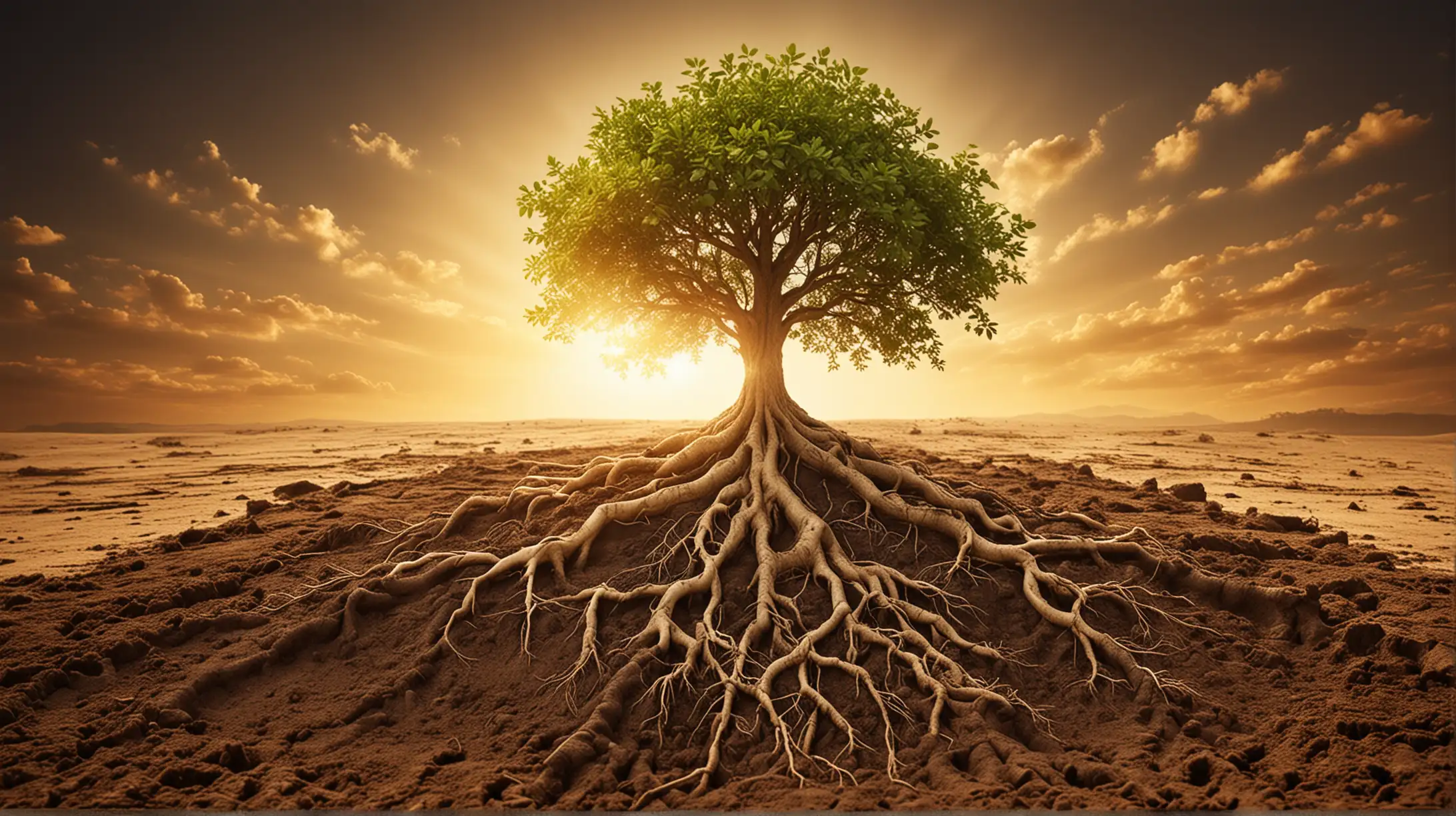 create an image that shows a flourishing tree with its roots planted in the soil with golden sun effect