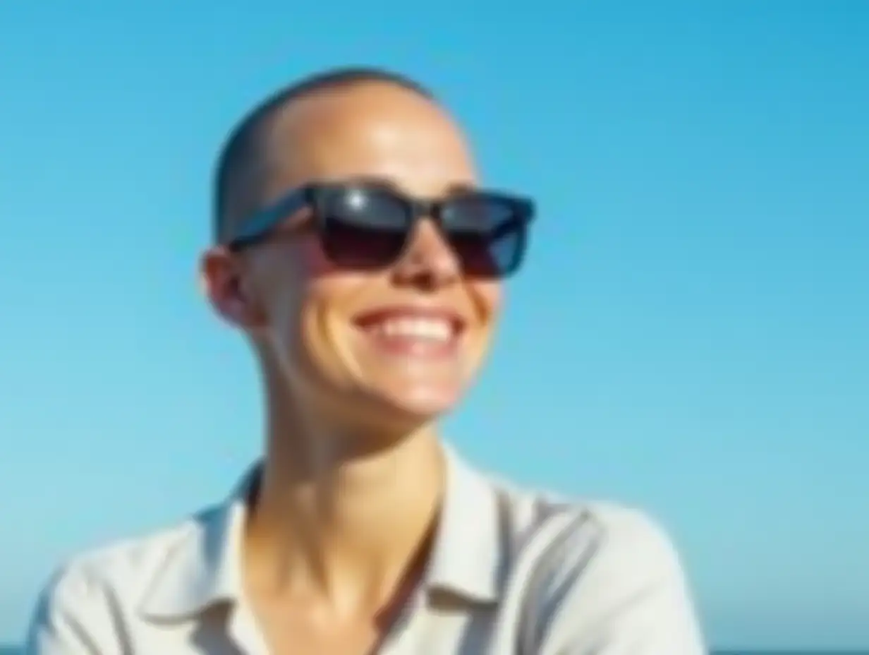 Young adult beautiful happy attractive caucasian bald shaved woman portrait in sunglases enjoy looking far away and smiling against blue sky background outdoors. Confident joyful female person