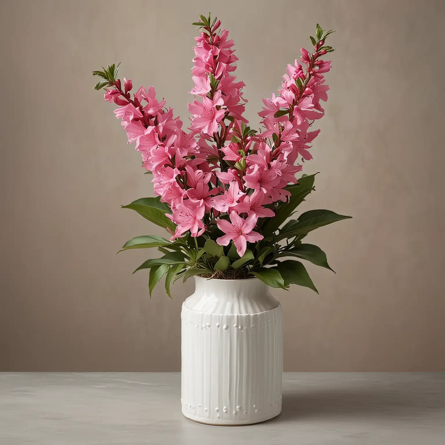 small bouquet of pink azaleas and pink butterfly bush delight stems in modern white cylinder vase; keep background neutral
