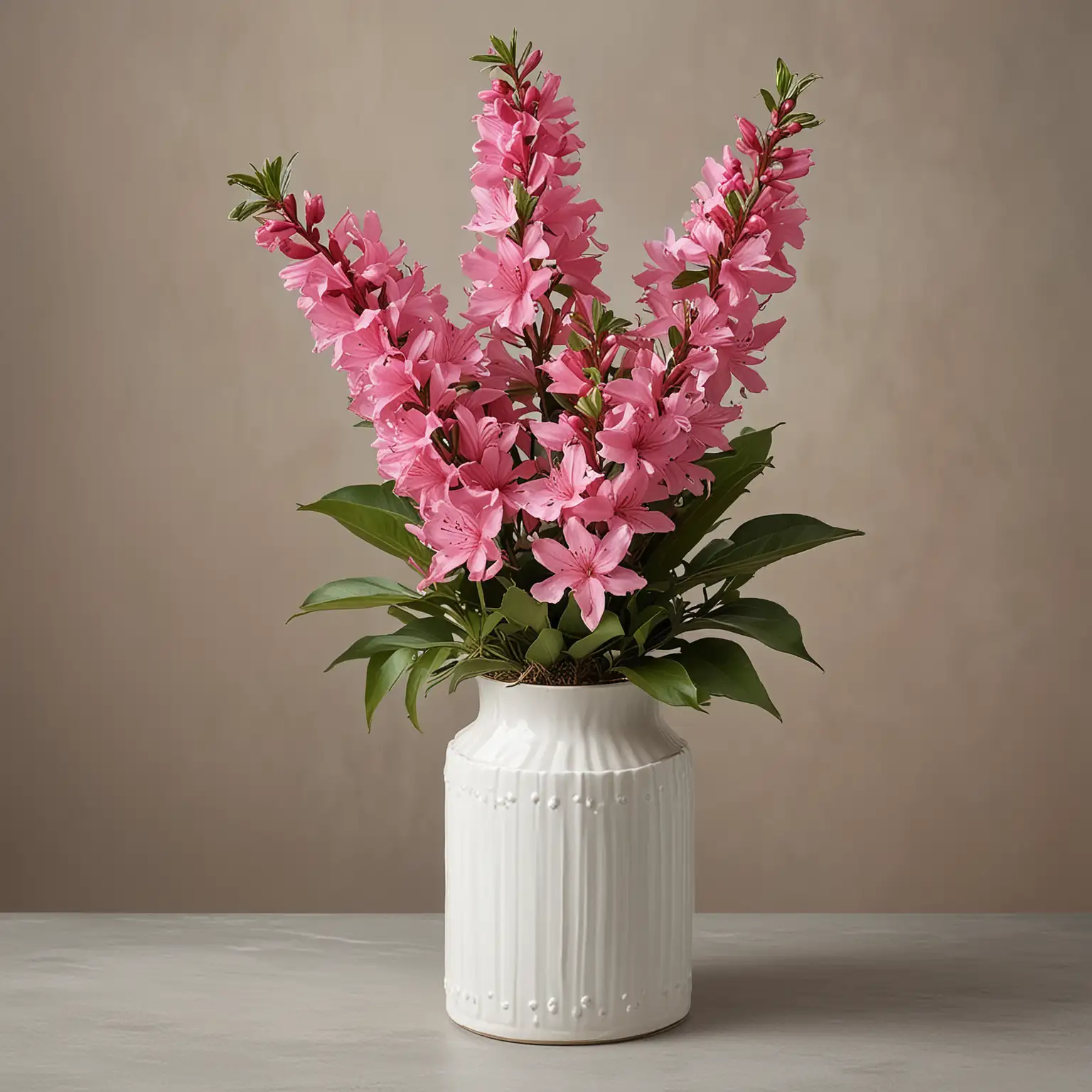 Delicate-Pink-Azaleas-and-Butterfly-Bush-Bouquet-in-Modern-White-Vase